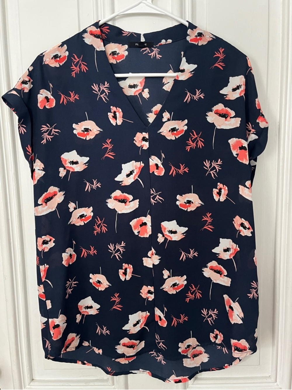 Pleione Navy V-Neck Blouse with Coral & Cream Floral Print